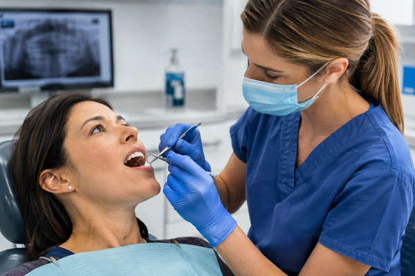 Dentist examining a patient during a dental check-up.